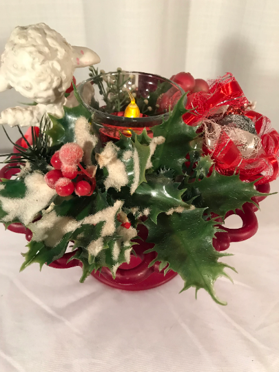 Vintage Lamb Christmas Centerpiece with Candle