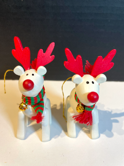 Vintage Wooden Red Nosed Reindeer Christmas Ornaments