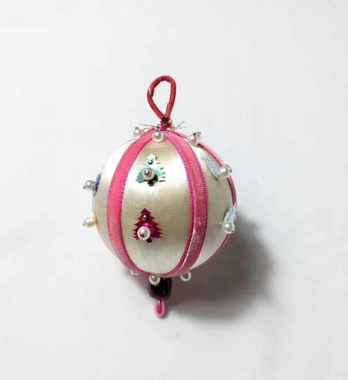 Vintage Pink Beaded Pushpin Christmas Ornament