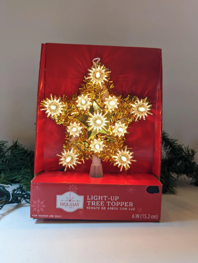 Gold Tinsel Light Up Star Christmas Tree Topper