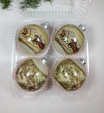 Vintage Carrier & Ives The Sleigh Races and Christmas Snow Christmas Ornaments