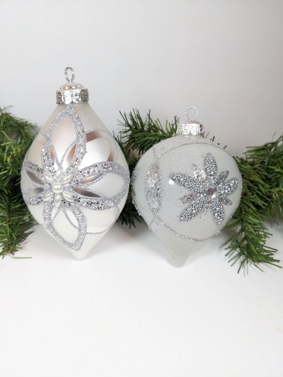 Large Silver Kurt Adler Teardrop Christmas Ornaments