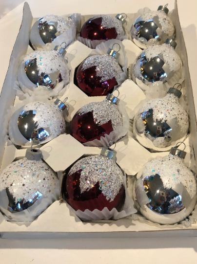 Vintage Red and Silver Snowcapped Christmas Ornaments