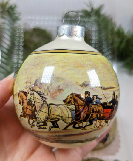 Vintage Carrier & Ives The Sleigh Races and Christmas Snow Christmas Ornaments