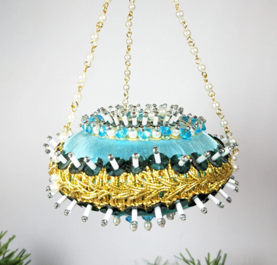 Vintage Handmade Disc Beaded Pushpin Turquoise Christmas Ornament