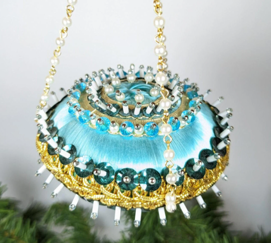 Vintage Handmade Disc Beaded Pushpin Turquoise Christmas Ornament