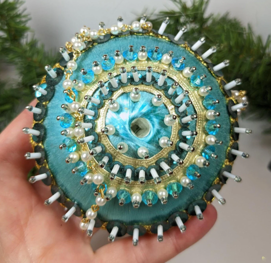 Vintage Handmade Disc Beaded Pushpin Turquoise Christmas Ornament