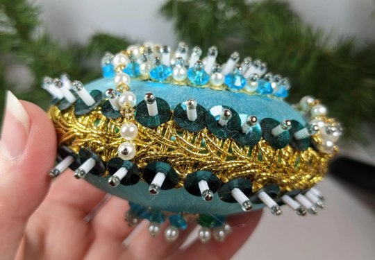 Vintage Handmade Disc Beaded Pushpin Turquoise Christmas Ornament