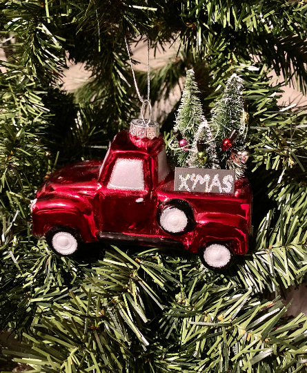 Red Truck with Christmas Trees Glass Ornament