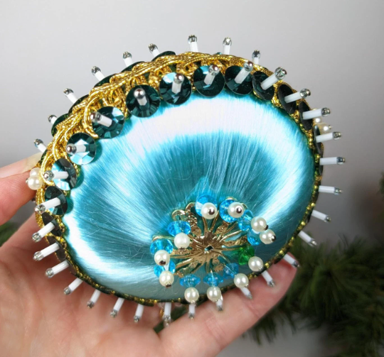 Vintage Handmade Disc Beaded Pushpin Turquoise Christmas Ornament