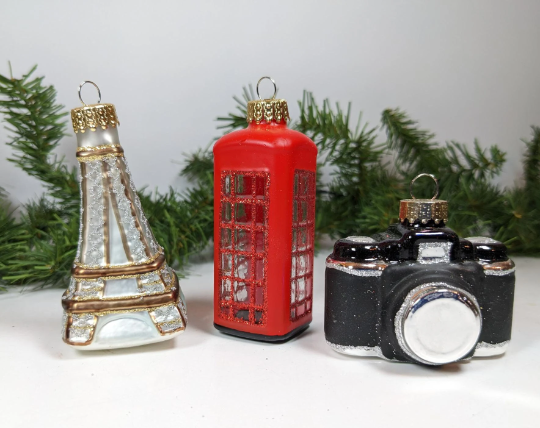 Eiffel Tower, Phone Booth and Camera Christmas Ornaments