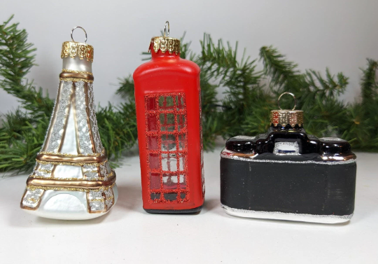 Eiffel Tower, Phone Booth and Camera Christmas Ornaments