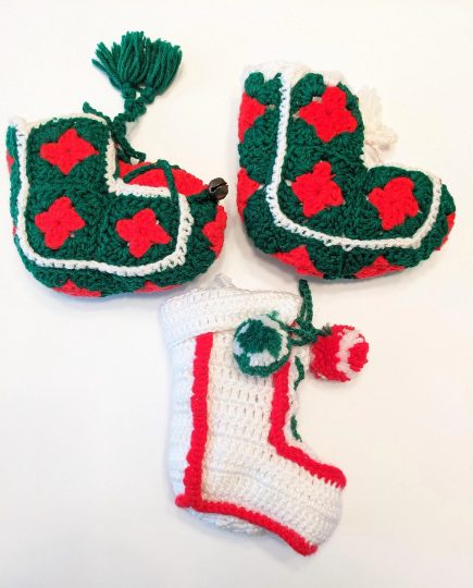 Vintage Crochet Granny Square Boot Christmas Stockings