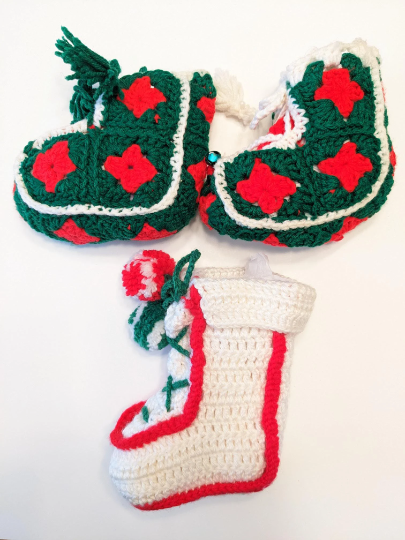 Vintage Crochet Granny Square Boot Christmas Stockings