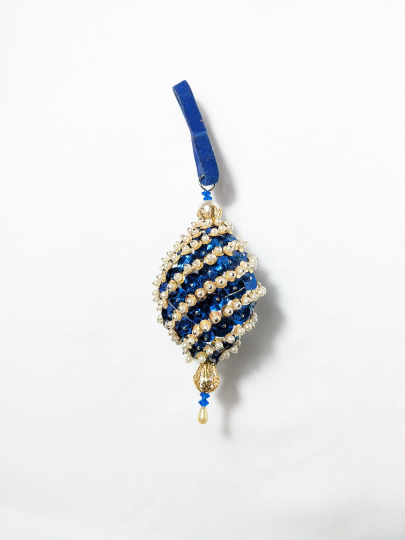 Vintage Blue Beaded Pushpin Christmas Ornament