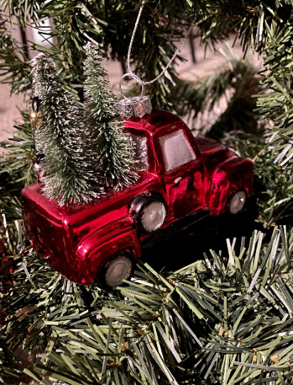 Red Truck with Christmas Trees Glass Ornament