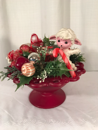 Vintage Lamb Christmas Centerpiece with Candle