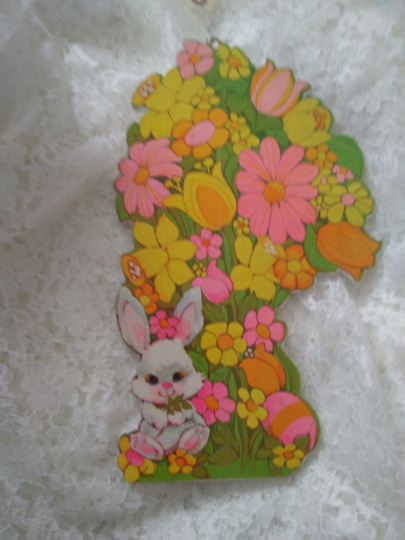 Vintage 1960s Wooden Die Cut Easter Rabbit Wall Hanging