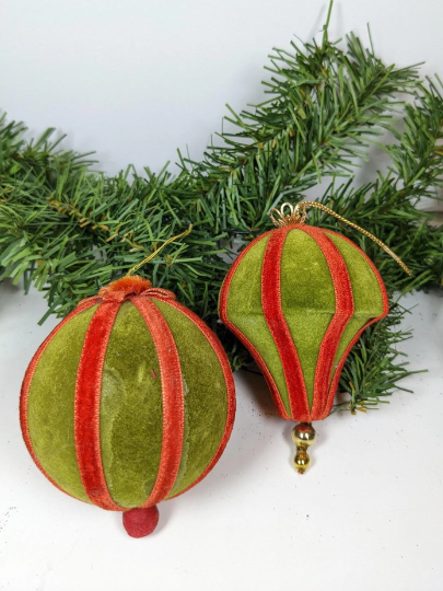 Flocked Red and Green Christmas Ornaments