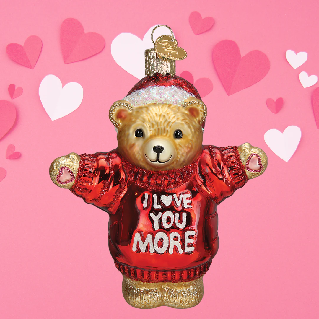 I Love You More Blown Glass Teddy Bear in Santa Hat Ornament by Old World Christmas