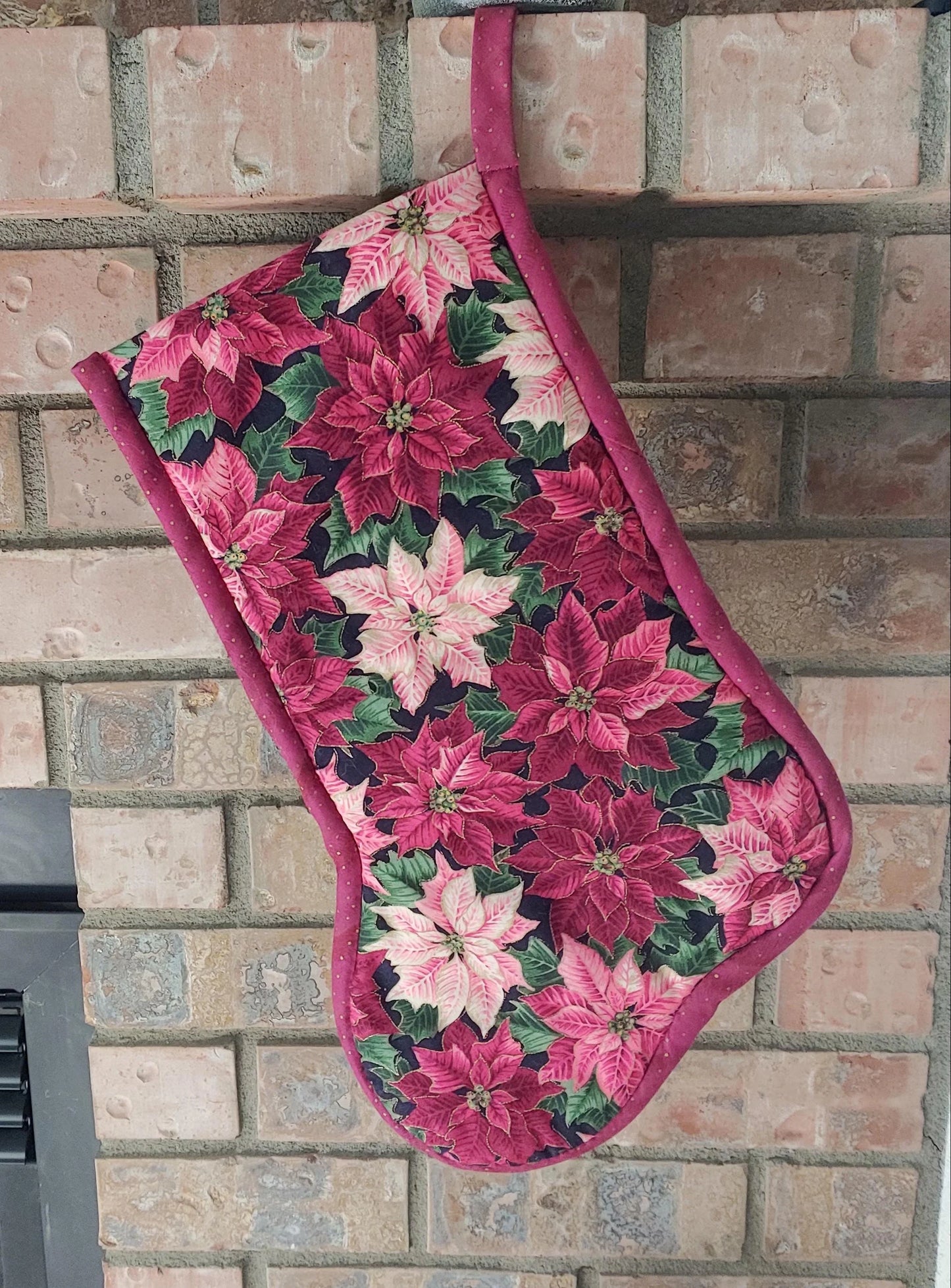 Pink Quilted Poinsettia Handmade Christmas Stocking