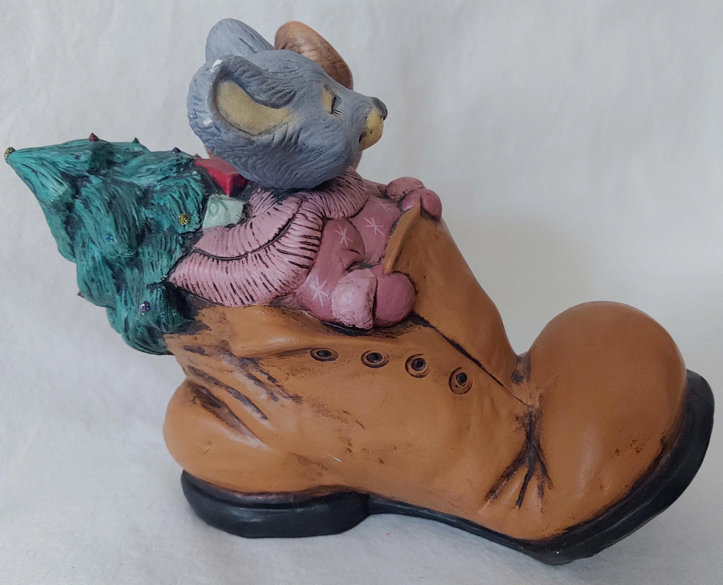 Ceramic Mice in Shoe with Christmas Tree Figurine