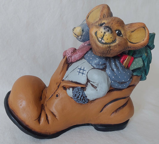 Ceramic Mice in Shoe with Christmas Tree Figurine