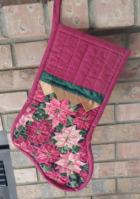 Pink Quilted Poinsettia Handmade Christmas Stocking
