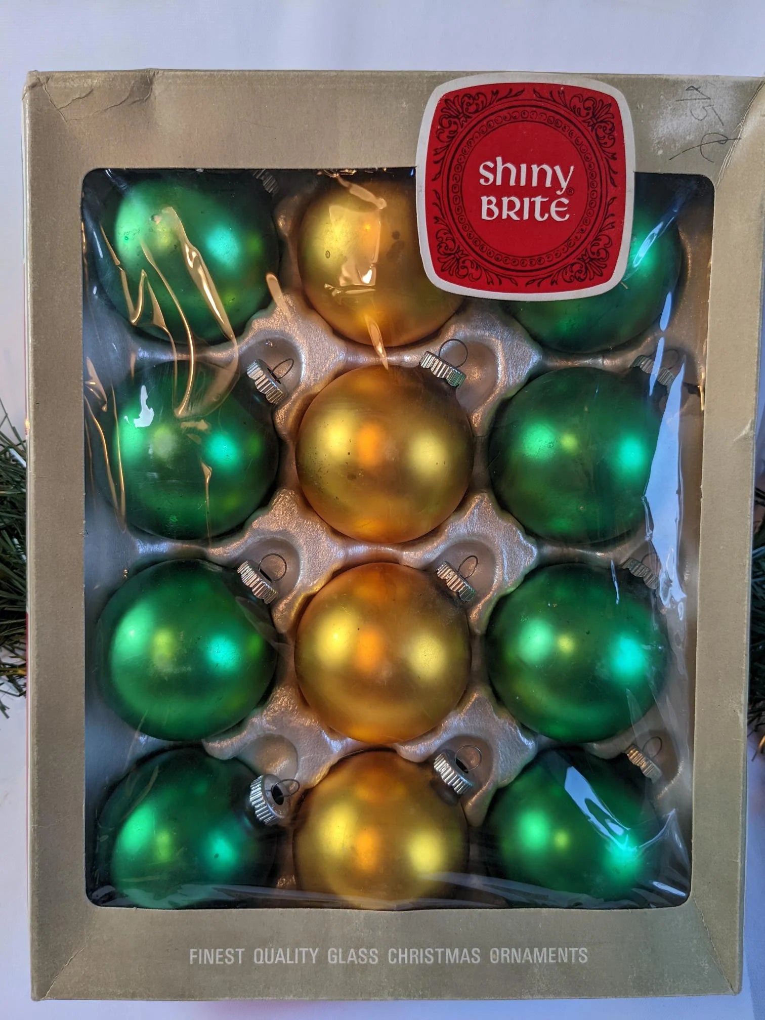 Shiny Brite Green and Gold Christmas Ornaments