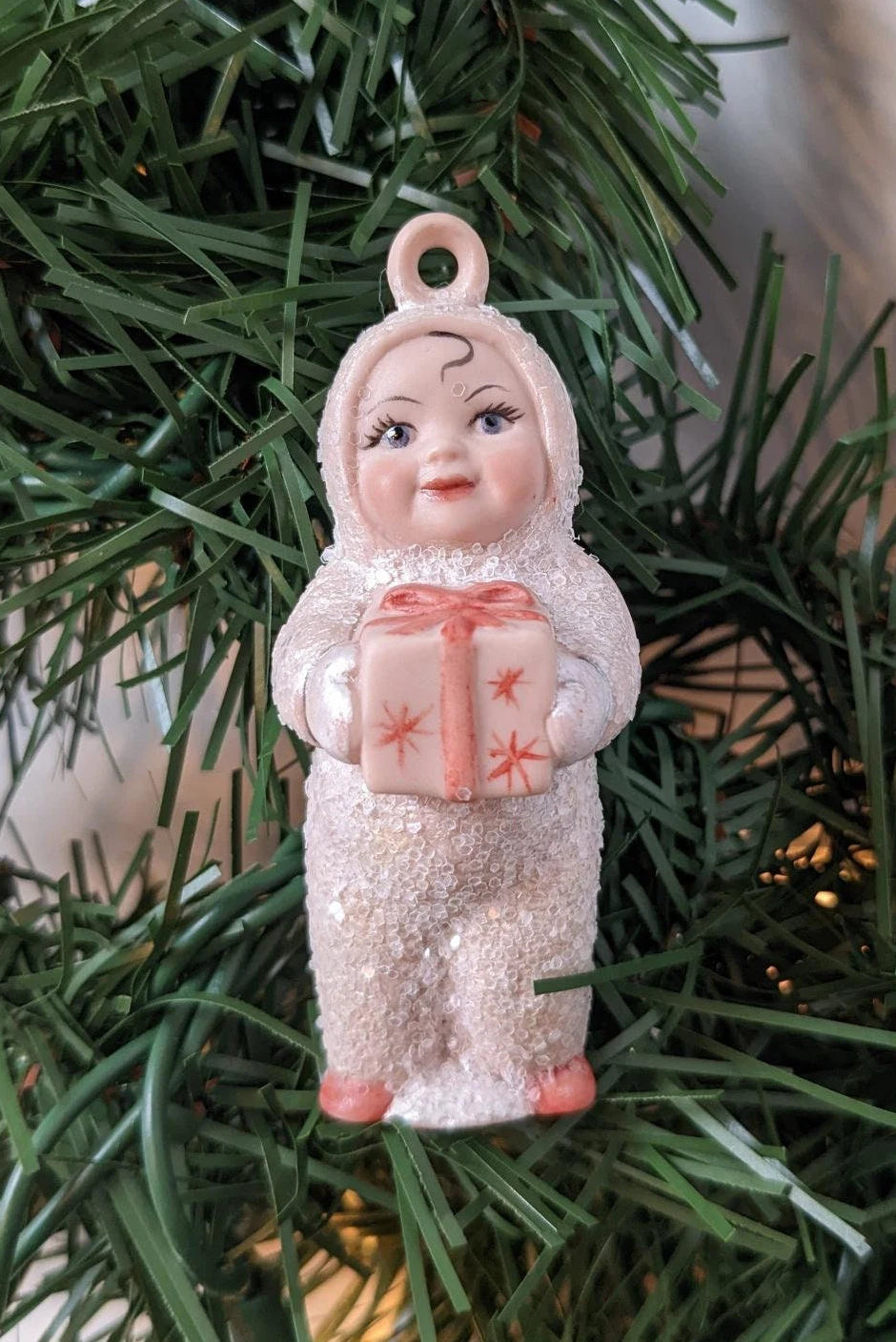 Vintage Little Girl with Gift Christmas Ornament