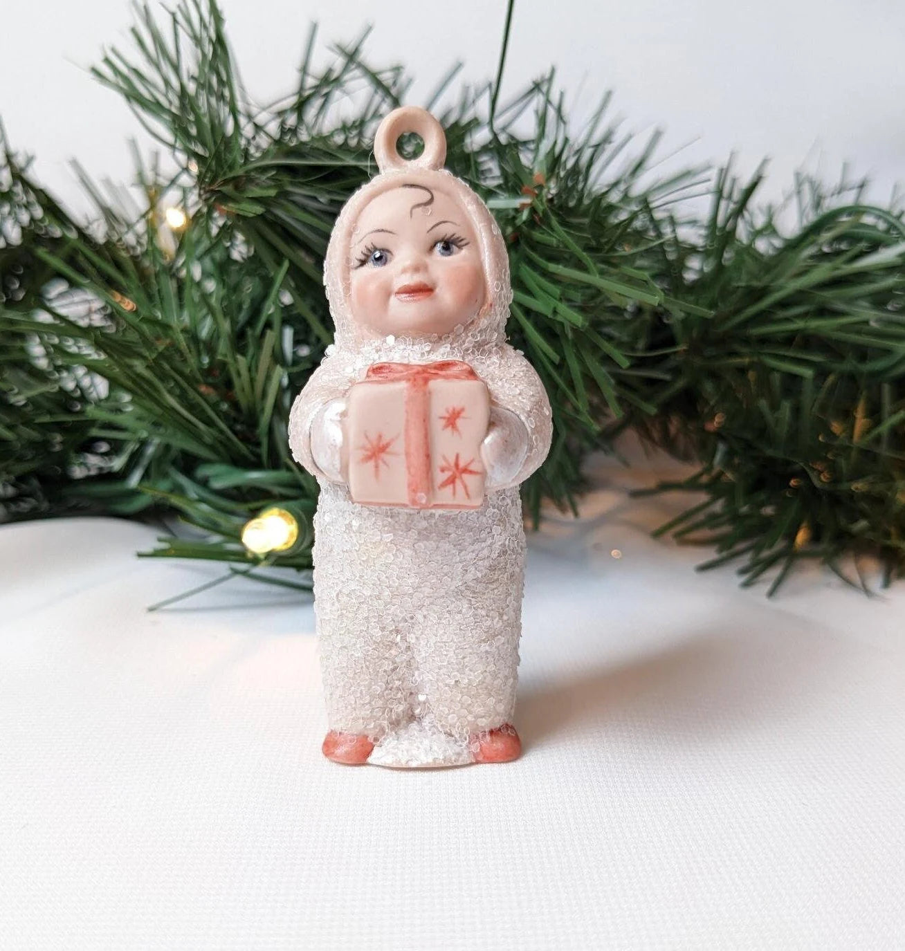 Vintage Little Girl with Gift Christmas Ornament