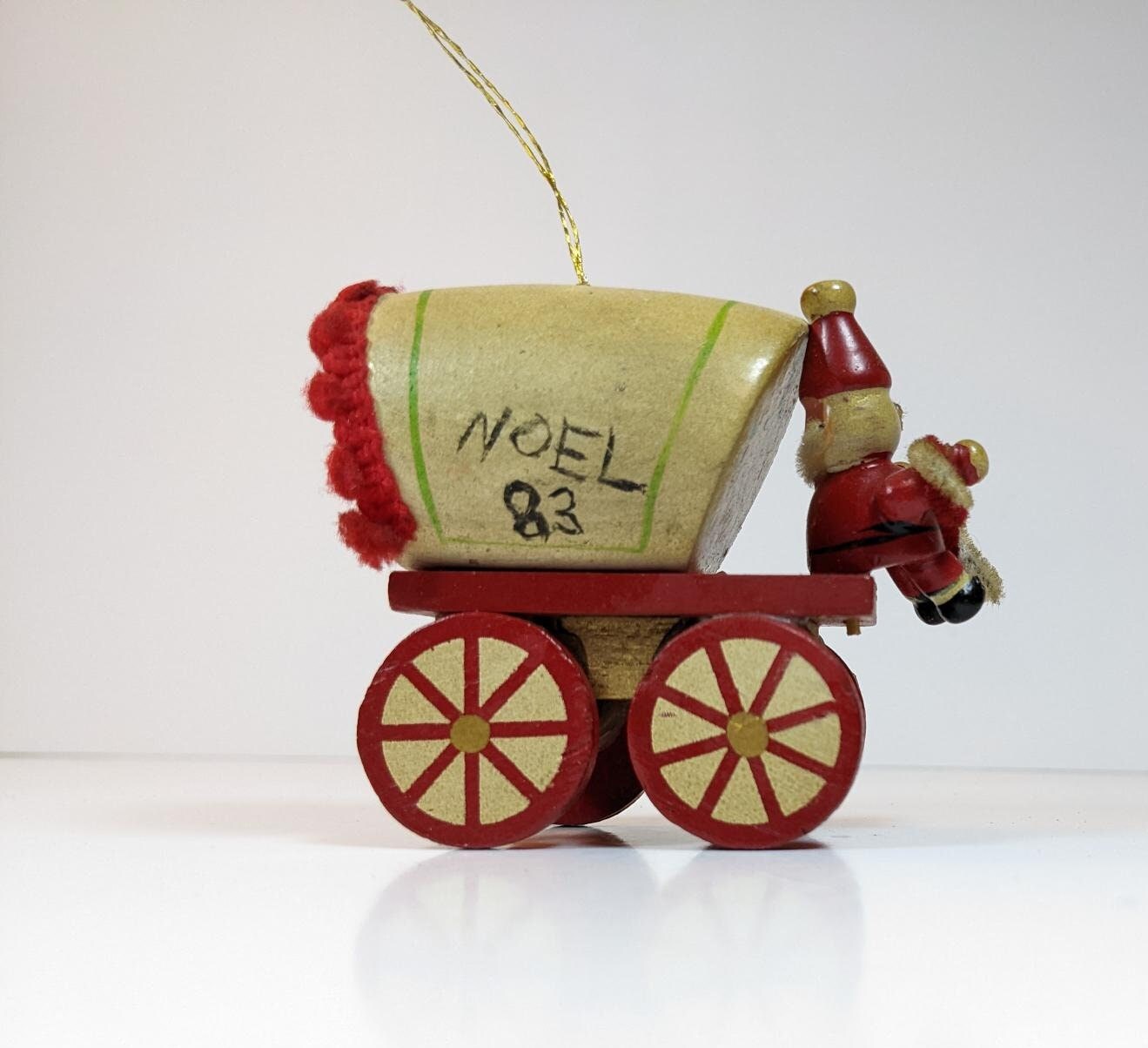 Vintage Wooden 1980s Covered Wagon with Santa Ornament