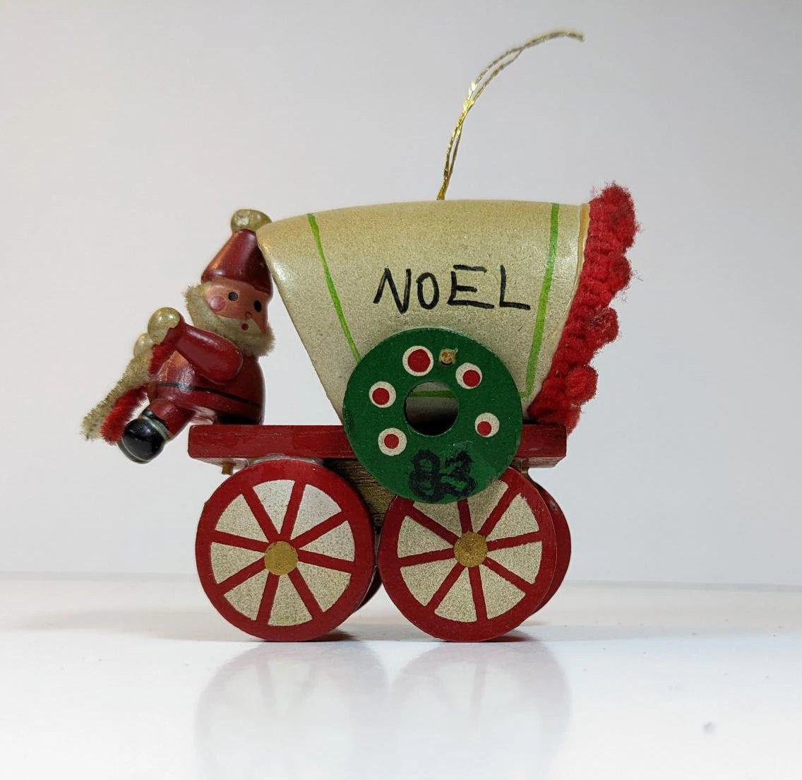 Vintage Wooden 1980s Covered Wagon with Santa Ornament