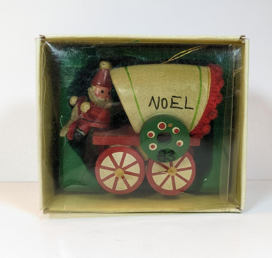 Vintage Wooden 1980s Covered Wagon with Santa Ornament