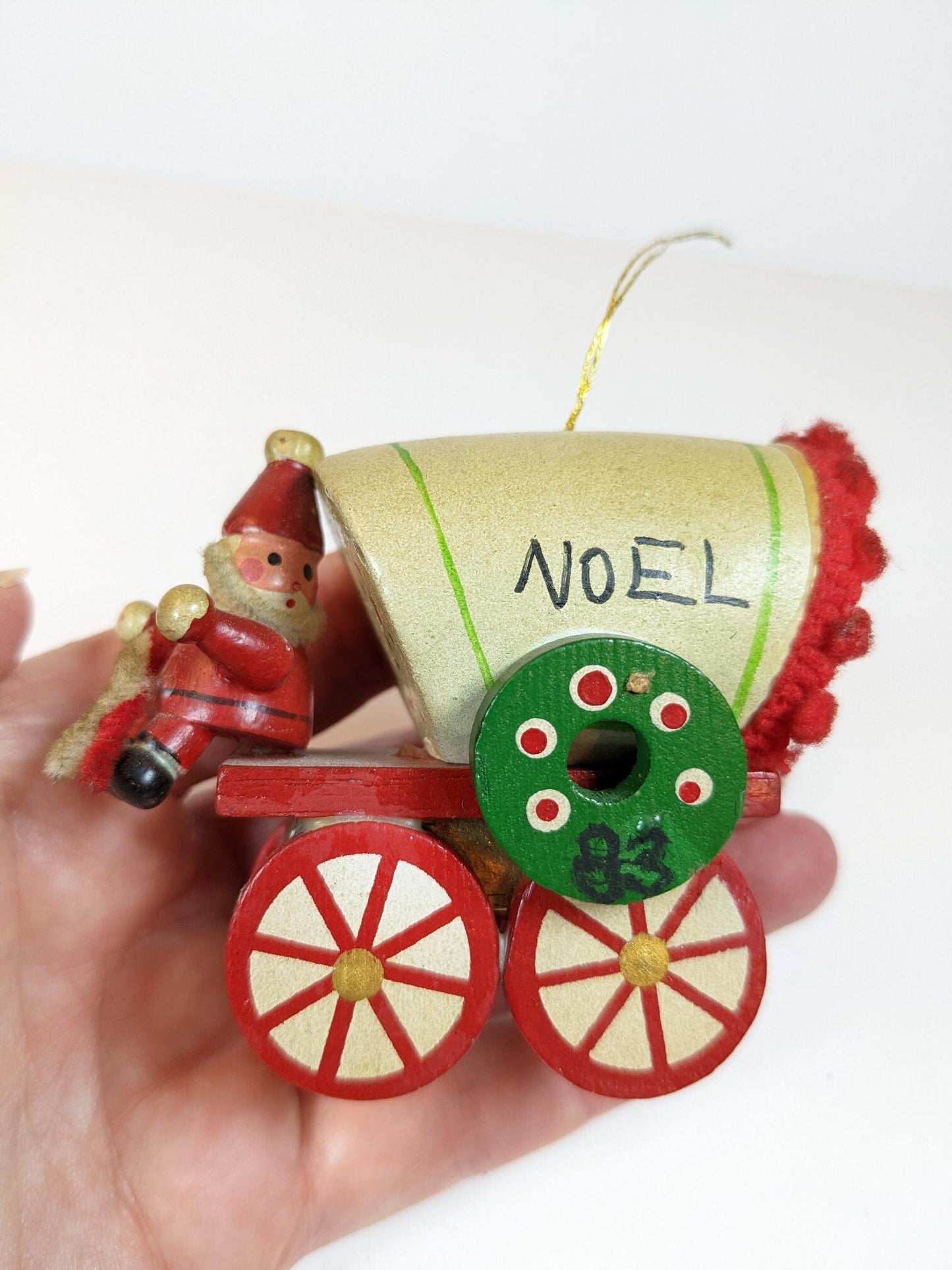 Vintage Wooden 1980s Covered Wagon with Santa Ornament