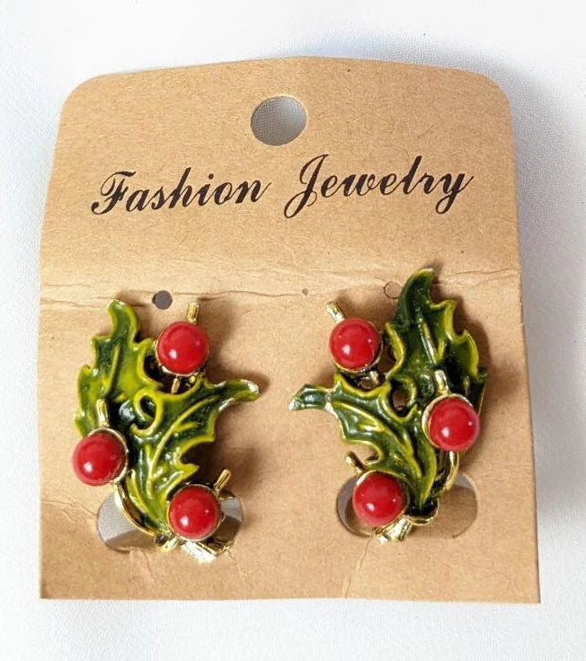 Christmas Holly Clip-On Earrings