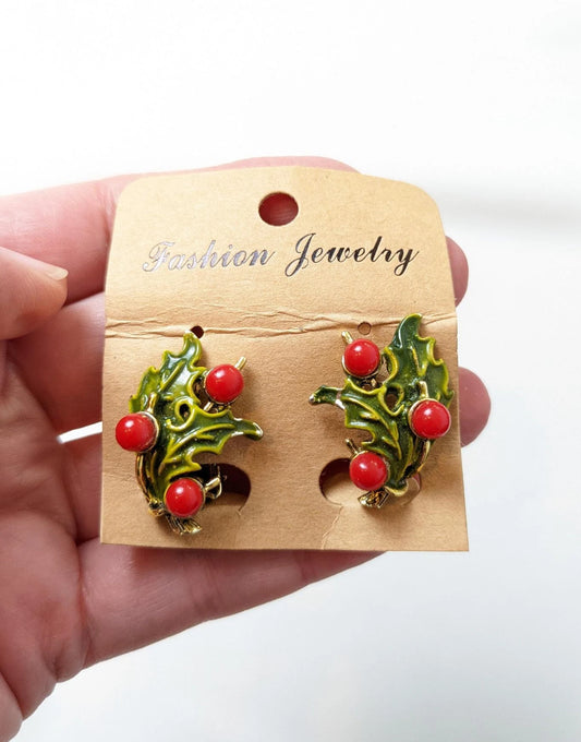 Christmas Holly Clip-On Earrings