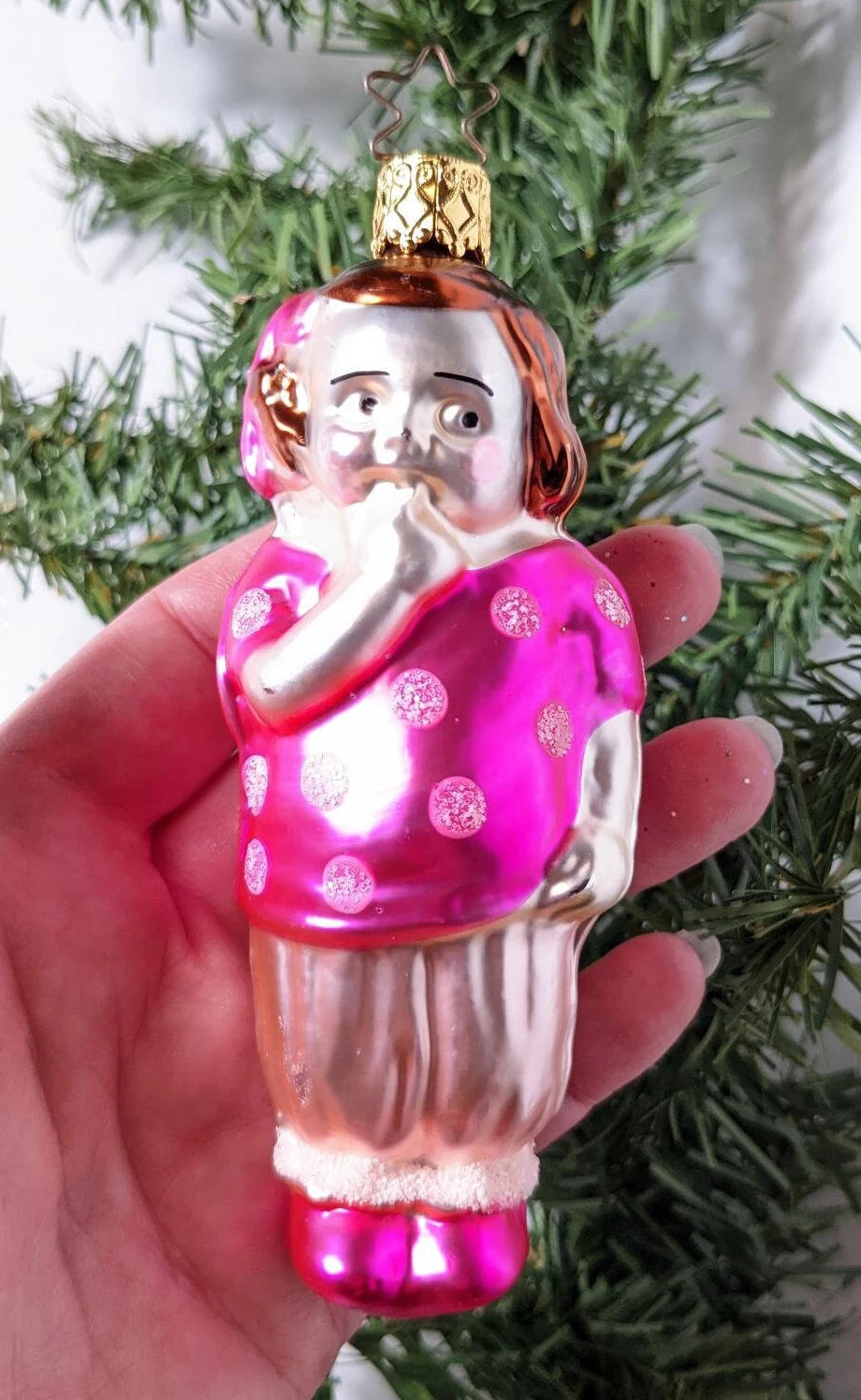 Pink Polka Dot Girl Retired Old World Christmas Inge Glass Ornament