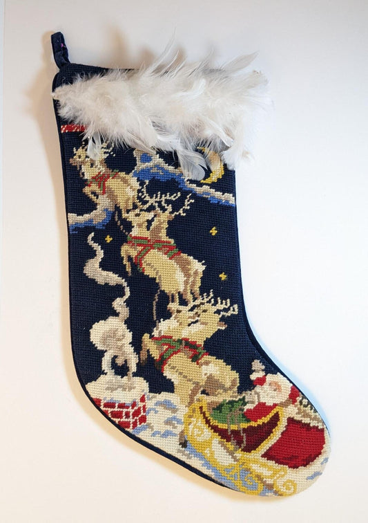 Needlepoint Santa Claus & Reindeer Christmas Stocking
