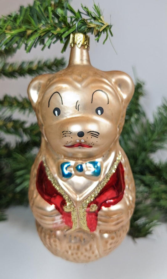 Bow Tie Bear Glass Christmas Ornament, Made in Columbia