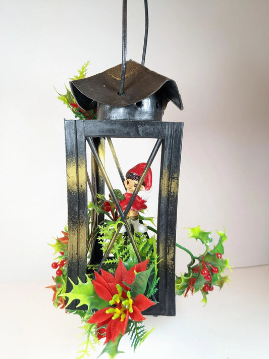 Vintage MCM Flocked Poinsettia Plastic Christmas Lantern