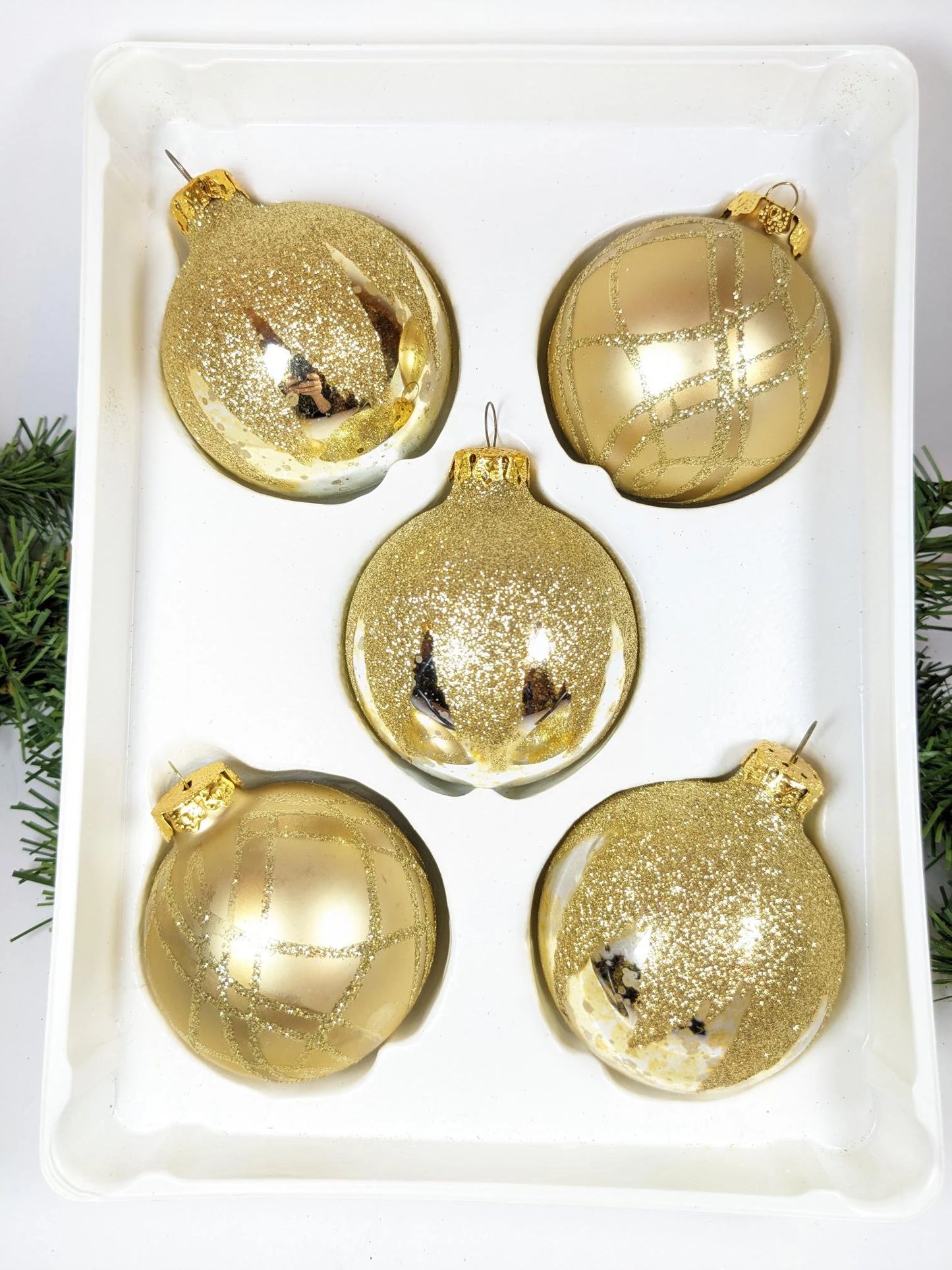 Vintage Snowcapped Gold Christmas Ornaments