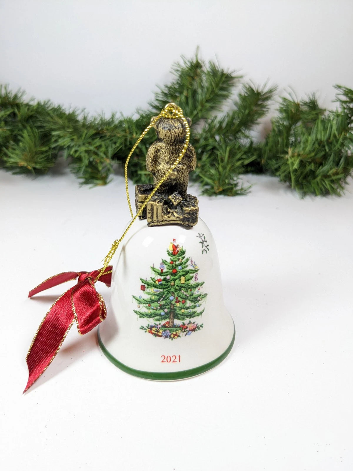 Christmas Teddy Bear and Tree Bell Christmas Ornament, Spode 2021