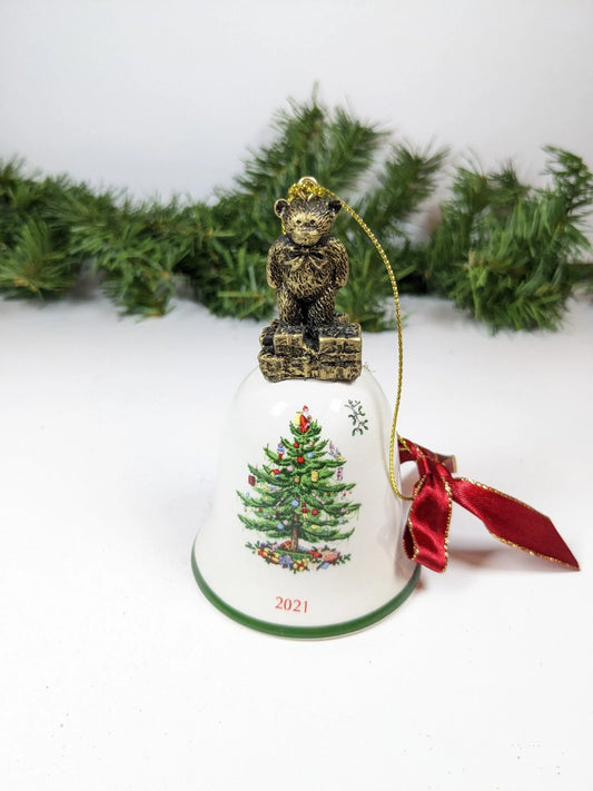 Christmas Teddy Bear and Tree Bell Christmas Ornament, Spode 2021