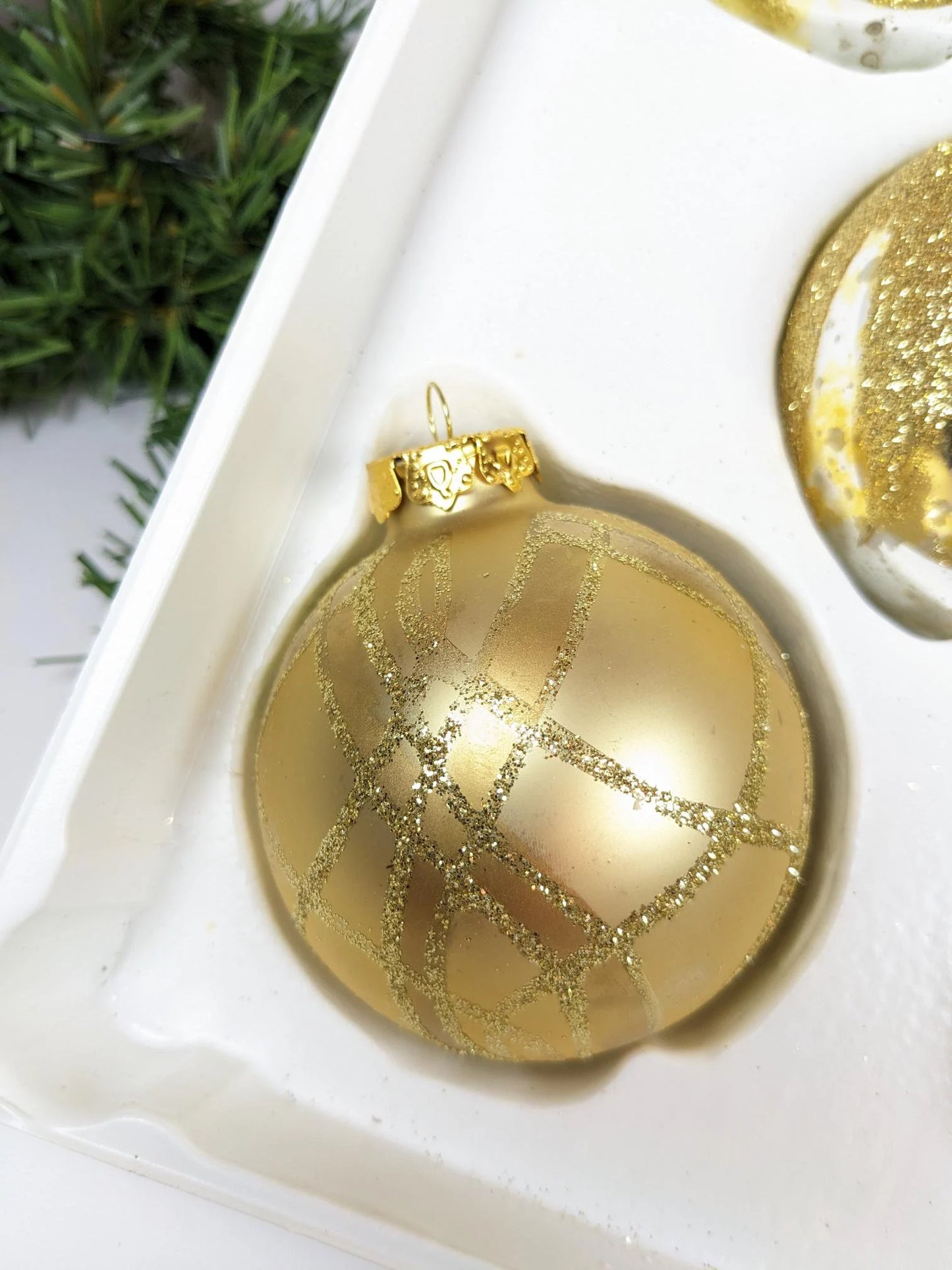 Vintage Snowcapped Gold Christmas Ornaments