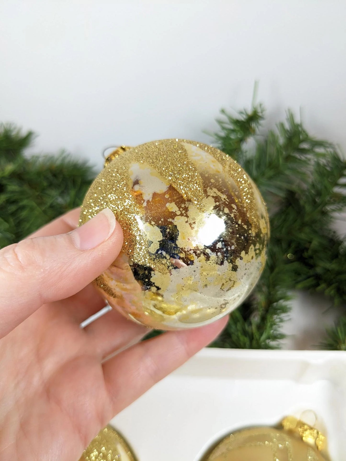 Vintage Snowcapped Gold Christmas Ornaments