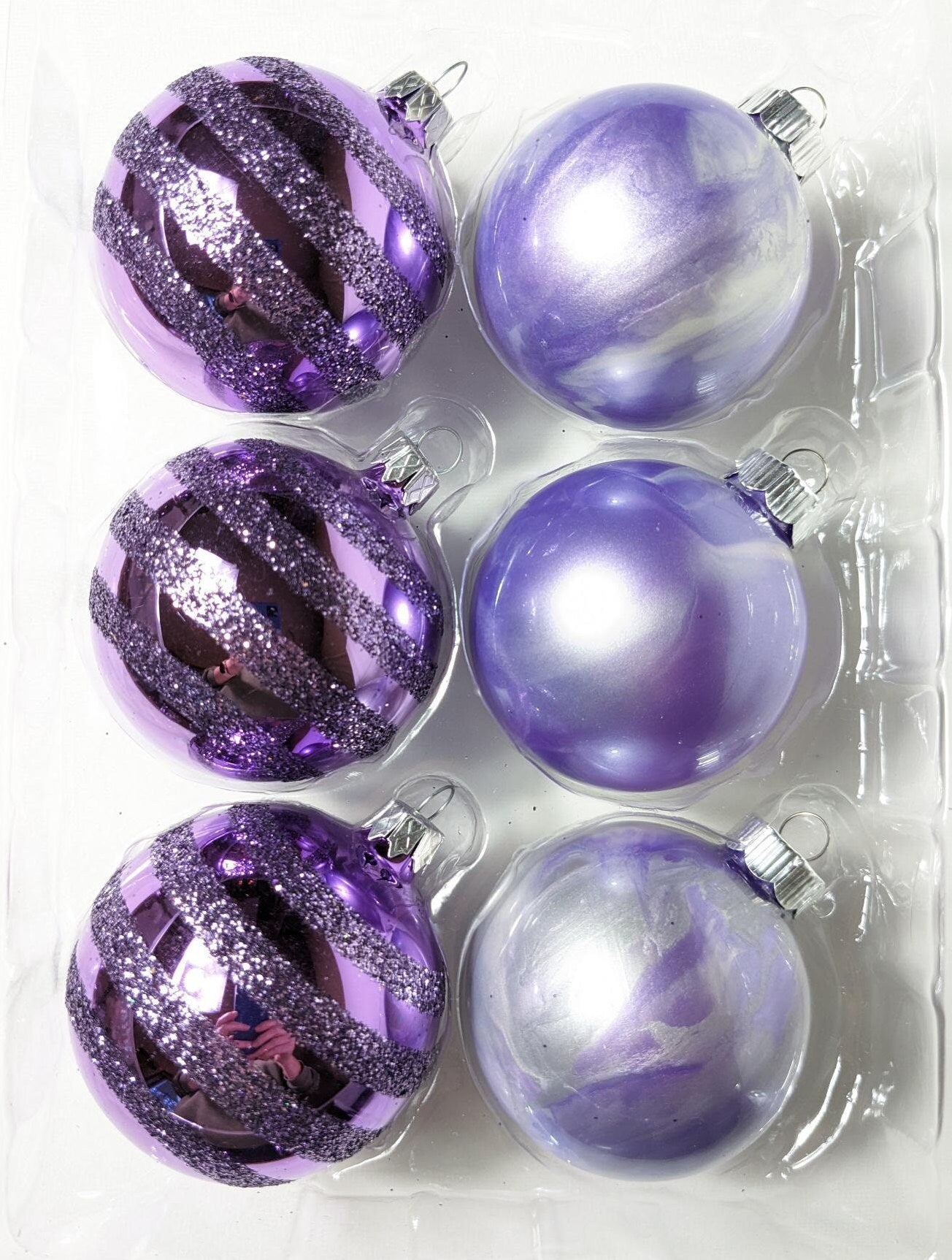 Purple Glitter and Marble Christmas Ornament Set