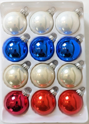 Vintage Set of Glass Christmas Ornaments, Red White and Blue