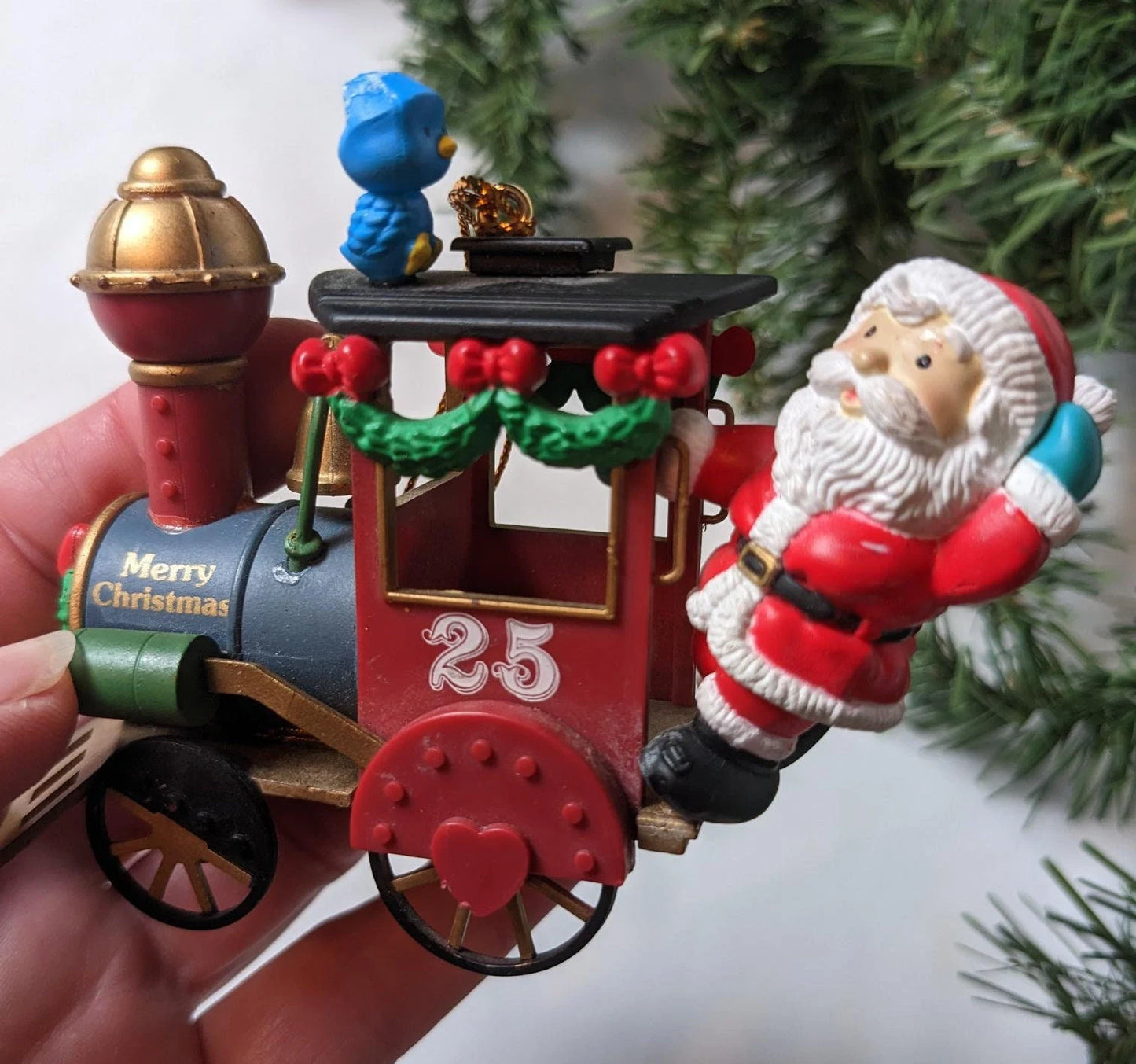 Vintage Lustre Fame Santa Riding Train Christmas Ornament