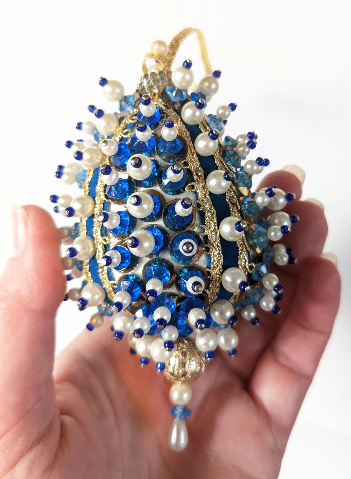 Vintage Blue Beaded Pushpin Christmas Ornament